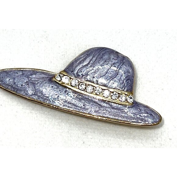 Purple Wide-Brimmed Hat Brooch Pin With Rhinestone Band Gold-Tone Backing Elegan - Picture 1 of 3